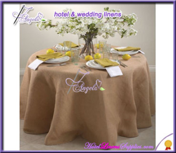 dia-90" natural round jute tablecloths for wedding events, with surged edge