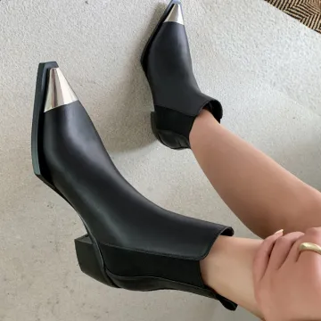 Classic Spring/Autumn Chelsea Boots Cool Metal Pointy Ankle Boots for Women Toe Square Heel Shoes Woman Basic Boots Black Rubber