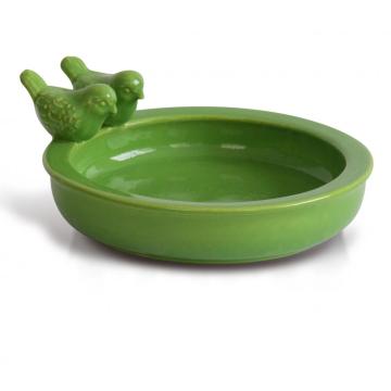 Green Glazed Ceramic Birdbath Round Birdfeeder Wildlife