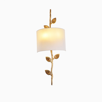 Copper Wall Sconce with Bronze Branch Leaf Design and Cloth Cover for Bedroom and Living Room