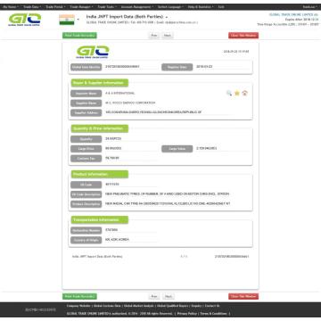 Muestra de datos de importación de la India del neumático de la India