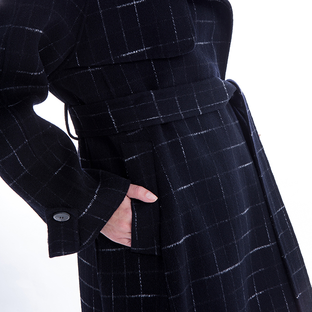 Details of blue checked cashmere overcoat