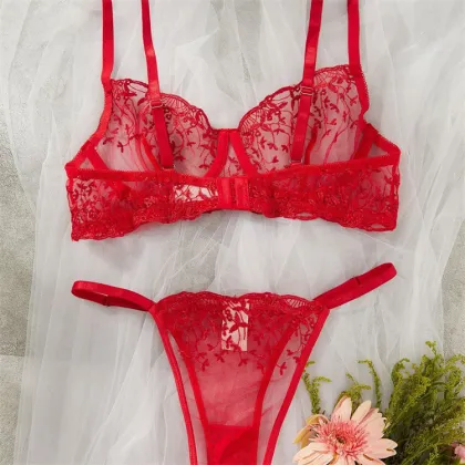 French Sexy Lace Embroidery Bra Thong Underwear Set