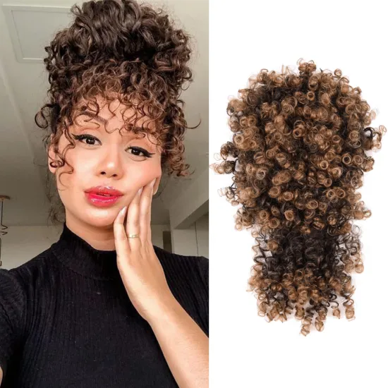High Quality Brown Drawstring Ponytail Afro Puff Hair Pieces Short Kinky Curly Chignon With Bangs Synthetic Hair Bun Extensions