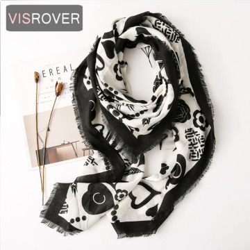 VISROVER 2020 Fashion Black White Flower Printing Viscose Scarf Woman square Wrap Spring Shawl Beach Pashmina Muslim Hijab Gift