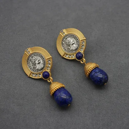 Vintage Jewelry Natural Lapis Lazuli Ancient Coin Earrings