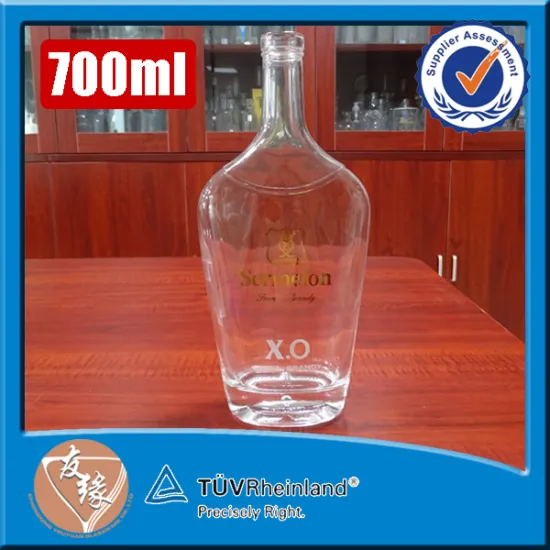 stylish shaped bar top economic price decal logo crystal clear glass xo bottle 700