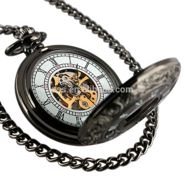 ESS Black Stainless Steel Skeleton Mechanical Pocket Watch With Chain WP117