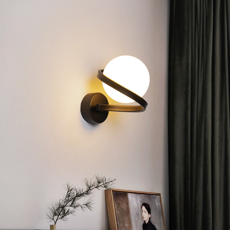 Spiral metal arm wall lamp opal glass shade