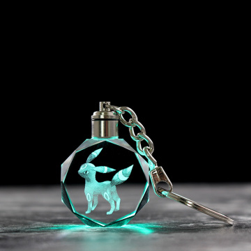 Wholesale 3D Laser Engraved Glass Monster Keyring LED Crystal Key Chain