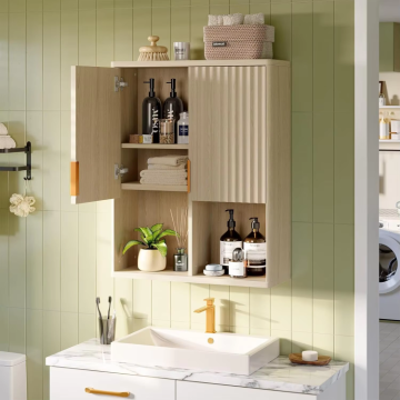 Modern Wooden Bathroom Shelf: Adjustable Luxury Wall-Mounted Vanity Cabinet
