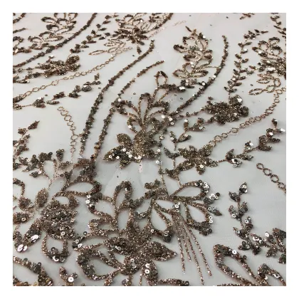 Dorado Telas de Encaje de Flores 3D con Tul y Bordado en 3D