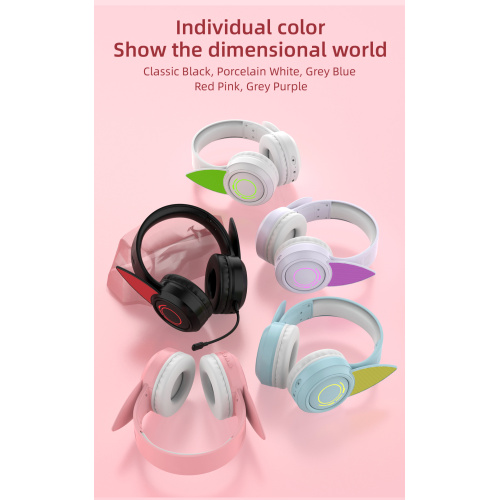 RGB ELF 헤드폰 무선 5.0 7.1 서라운드 사운드 내장 마이크 사용자 정의 조명 및 효과가있는 핑크 헤드셋