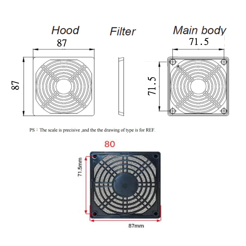 Ventilateur de 8 cm et filtre de garde en plastique de 4,8 mm