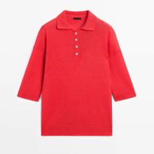 Women's vintage style simple polo shirt collar short sleeved knit top