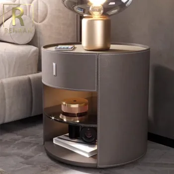 Italian Modern Luxury Leather Wooden Round Bedside Table with Storage