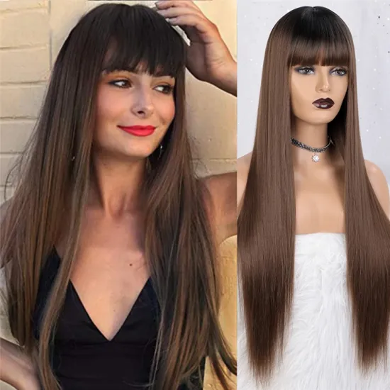 Vigorous Wholesale Price Long Silky Straight Wig With Bangs Ombre Brown Heat Resistant Fiber Synthetic Hair Frontal Lace Wigs