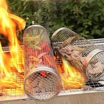 Rolling grilling baskets for outdoor grill bbq net Removable Handle Stainless Steel Rolling Barbecue BBQ Fish Grilling Basket