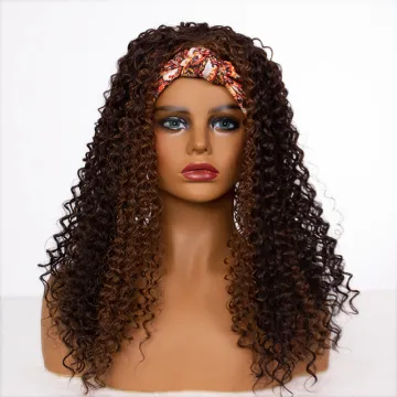 Headband wigs wholesale mix brown heat resistant afro kinky curly fibre headband synthetic hair wigs for black women