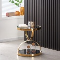 mesa de sofá compacta de vidrio templado doble y detalles dorados