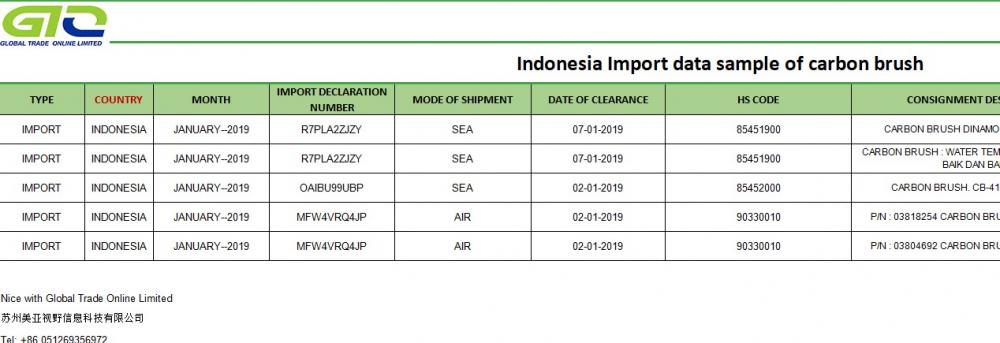 Muestra de datos de importación de INDONESIA escobilla de carbón