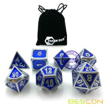 Bescon Deluxe Shiny Chrome and Blue Enamel Solid Metal Polyhedral Role Playing RPG Game Dice Set of 7