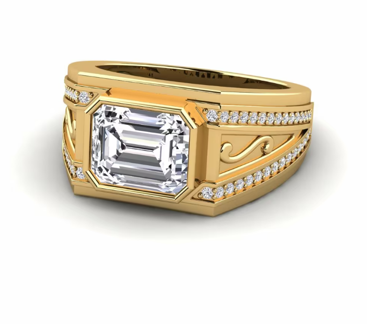 Hombro dividido en pavé y detalle de volutas empotradas en un anillo de oro para hombre de talla esmeralda