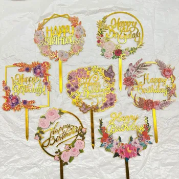Gold Geometry Round Letter Flower Circle Acrylic Cake Topper for Birthday and Wedding Parties