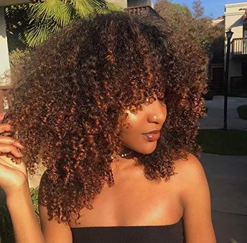 Wholesale Ombre Brown Curly Wigs for Black Women Afro Kinky Curly Wigs with Bangs 16 inch Loose Curly Wave Synthetic Hair Wigs