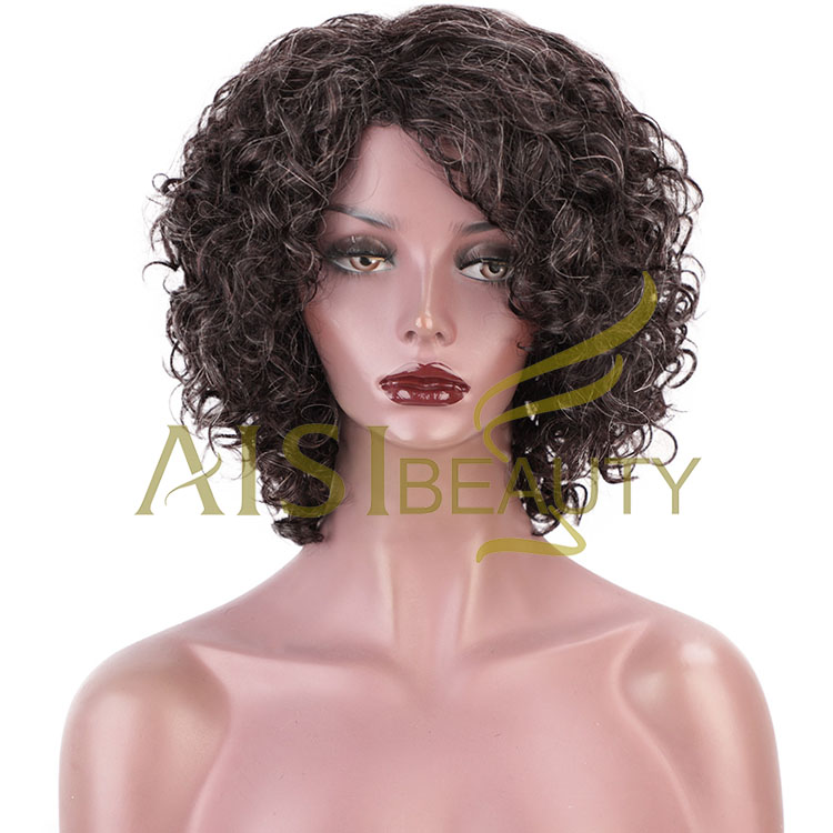 Aisi Beauty Human Hair Short Bob Custom Women  Brazilian Human Hair Afro Curly Wave Mixed Brown Gray Wig