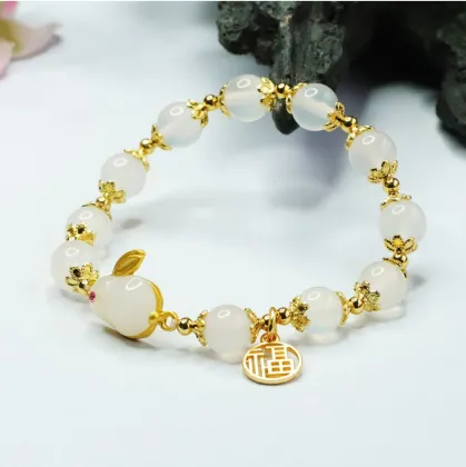 White Jade Rabbit Bracelet - Natural Raw Stones Fashion Jewelry for Women