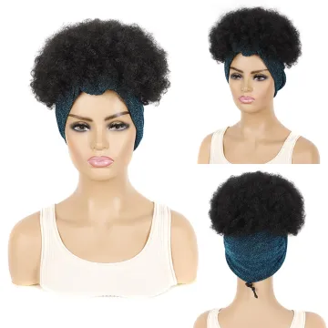 Ombre Short Black Kinky Curly Fluffy Turban Wigs Wrap Heat Resistant Afro Synthetic Headband Attached Wigs For Black Women