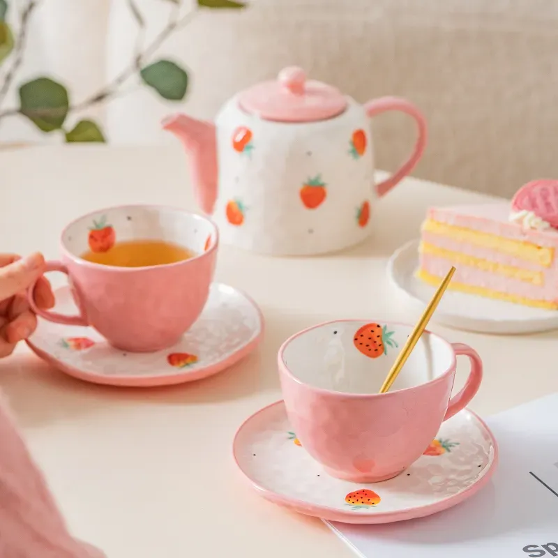Hand-Painted Strawberry Cup and Saucer Set