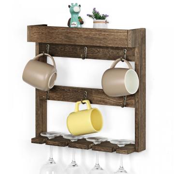 Hölzerne Wand montierte Becher -Rack mit Haken