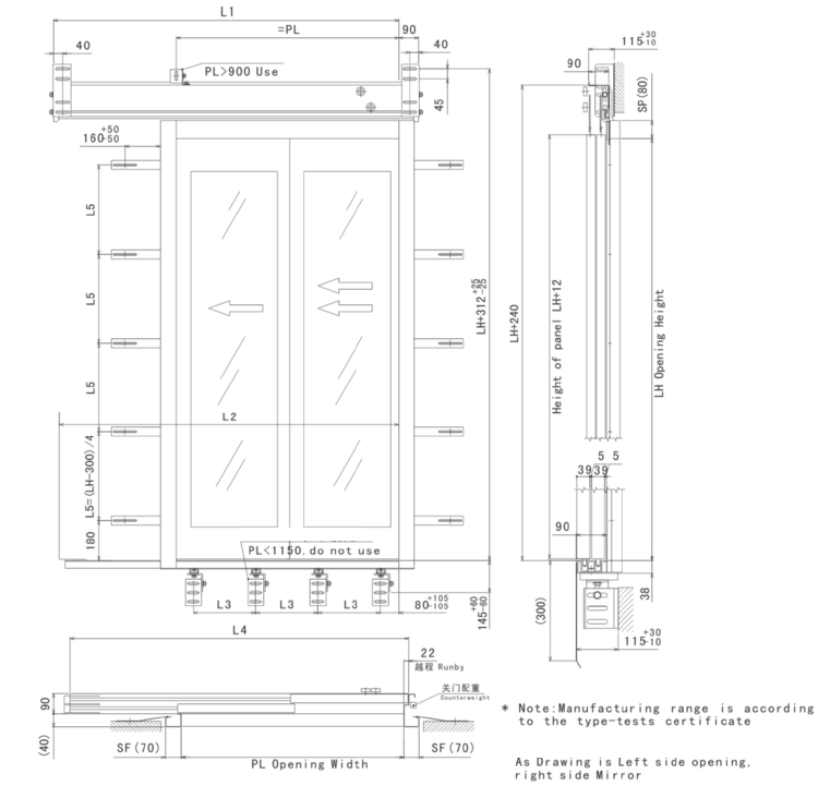 Two Panels Side Opening Landing Glass Door With Frame-drawing