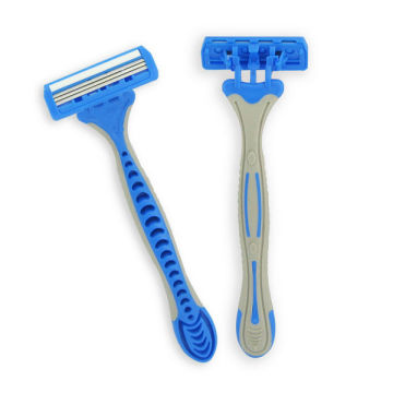 Shaver with Triple Stainless Steel Blade, Lubricant Strip, Rubber Handle, Pivoting Head, Blister Packing