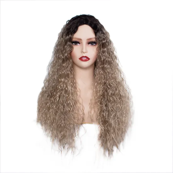 Wholesale Long synthetic fiber heat resistant ombre black to light brown water wave fiber synthettic hair wigs for women