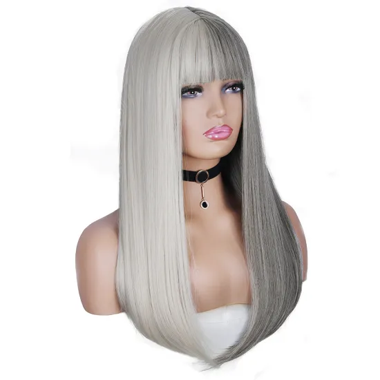 Wholesale Gray and Platinum Blonde Wig With Bangs Long Straight Synthetic Women's Hair Two-Color Half-Gray Cosplay Party