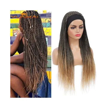 Long Brained hair Adjustable headband Non lace wig  hand made Box braid braided Synthetic hair Wig with headband Black Women