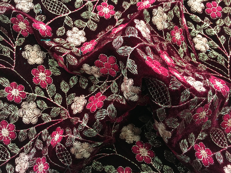 Multicolor Flower Velvet Embroidery Fabric