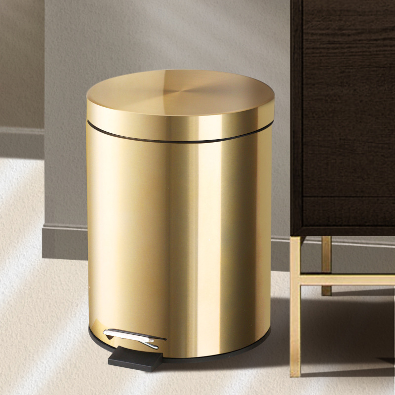 Compact Round Trash Can with Gold Finish and Soft-Close Lid