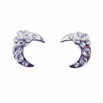 Fashionable moon crystal stud earrings, made of brass and cubic zirconia