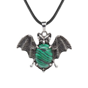 Malachite 13X18mm Cabs Antique Silver Alloy Antique Silver Alloy Bat Pendant Necklace 45cm Black Cord