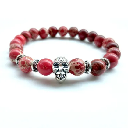 Imperial Jasper Skull Bracelet: 7 Chakra Natural Gemstone Bead Bangle Jewelry for Men and Women