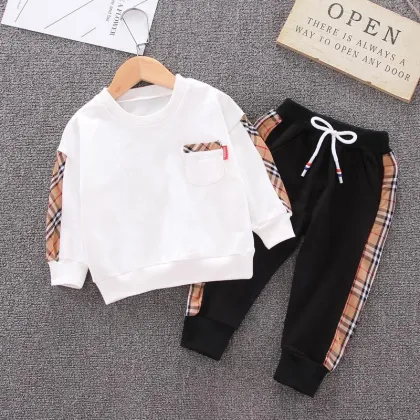 Children's spring and autumn clothes baby clothes set boy top + pants striped plaid baby clothes set kids