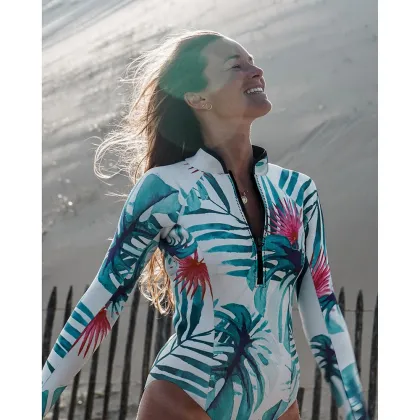 Print Floral Long Sleeve One-Piece Swimsuit - Designer Sporty Swimwear