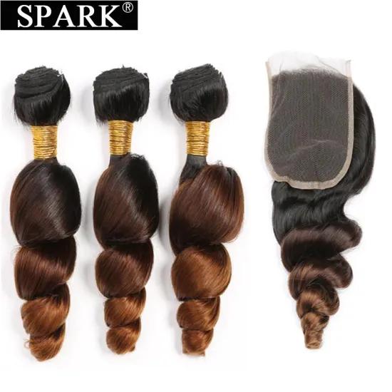 Spark Ombre Loose Wave Bundles with Closure 10A Brazilian Ombre Weave Human Hair Bundle   1b/4/30 with 4x4 Lace Closure