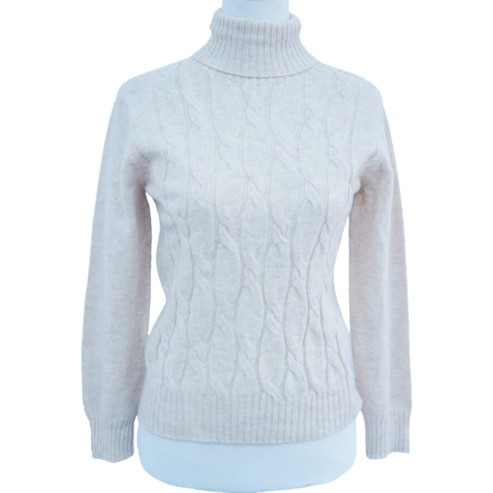 Beige Full Cable Knit Turtleneck Sweater-2