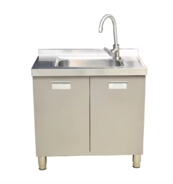 Gabinete moderno de fregadero de cocina de acero inoxidable minimalista con grifo de agua: soluciones de aparador personalizadas