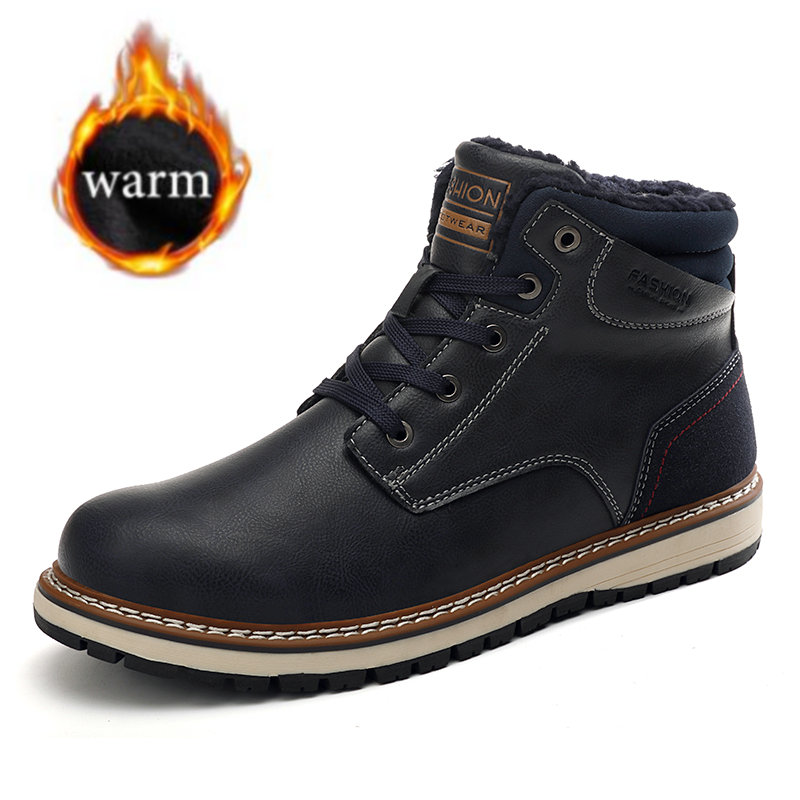 AQ64 Black Warm Winter Men Boots Genuine Leather Ankle Boots Men Winter Work Shoes Men Military Fur Snow Boots for Men Botas